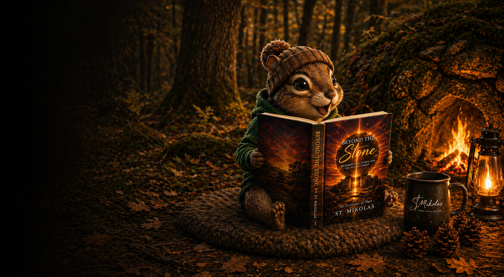 Cozy St. Mikolas chipmunk reading by the fireplace
